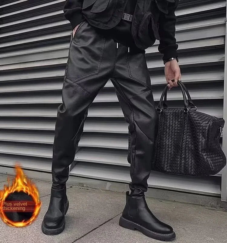 Men's Fleece-Lined Warm Leather Pants for Autumn/Winter - Trendy Pure Black Windproof Thickened Casual Long Trousers for Food De