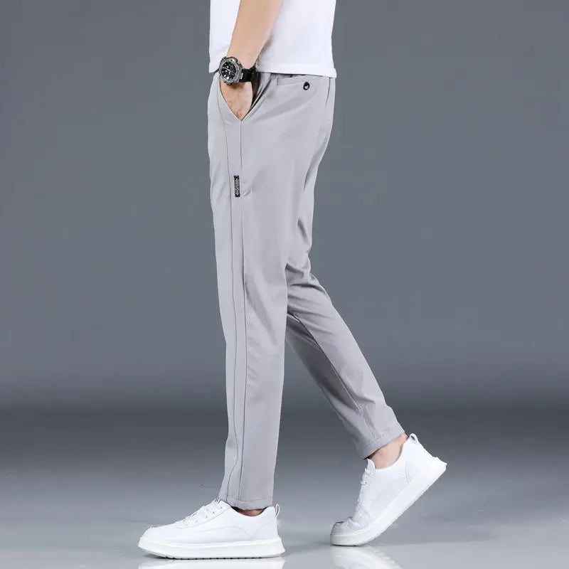 Ice silk men's pants 2025 summer new black gray thin business casual pants outdoor elastic breathable straight leg sports pants