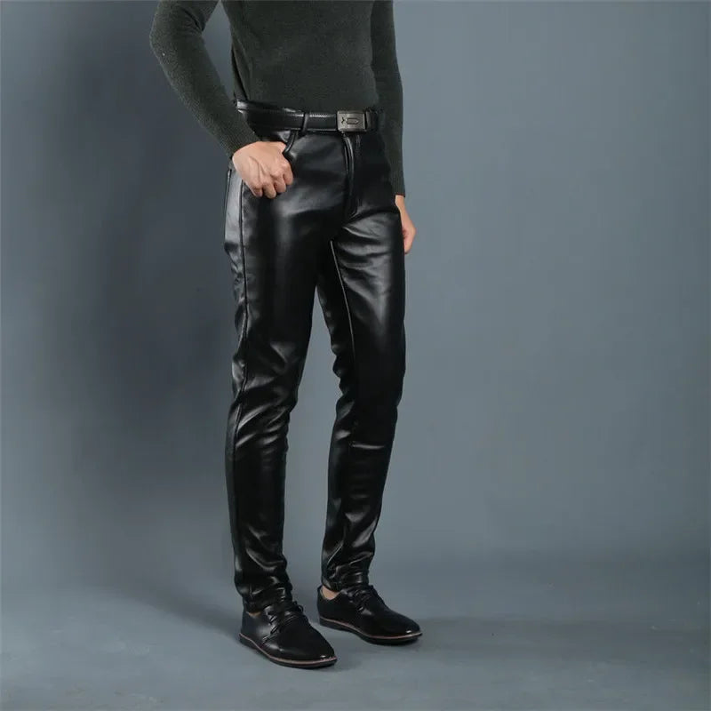 Windproof Slim Leather Pants for Men: Thickened Warm Motorcycle Trousers for Autumn and Winter Black Leather Pants Man