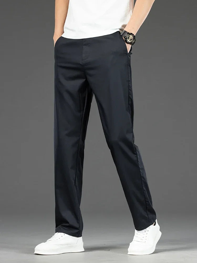 Thin Men Bamboo Summer Pants Casual High Quality Business Classic Fashion Stretch Slim Formal Straight Trousers Black Gray Khaki