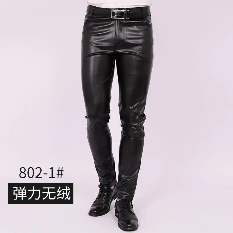 2023 Men's Slim Fit Skinny Pants Tight Stretch Leather Pants Teen Trend Motorcycle PU Leather Pants