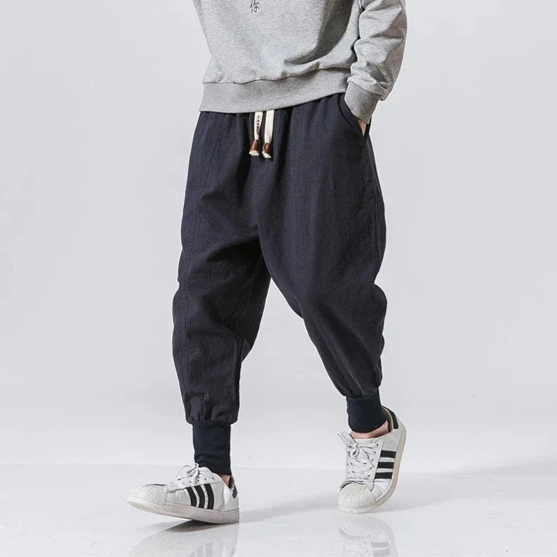 Cotton Linen Harem Pants Men Streetwear Joggers New Baggy Drop-crotch Pants Casual Trousers Men Sweatpants