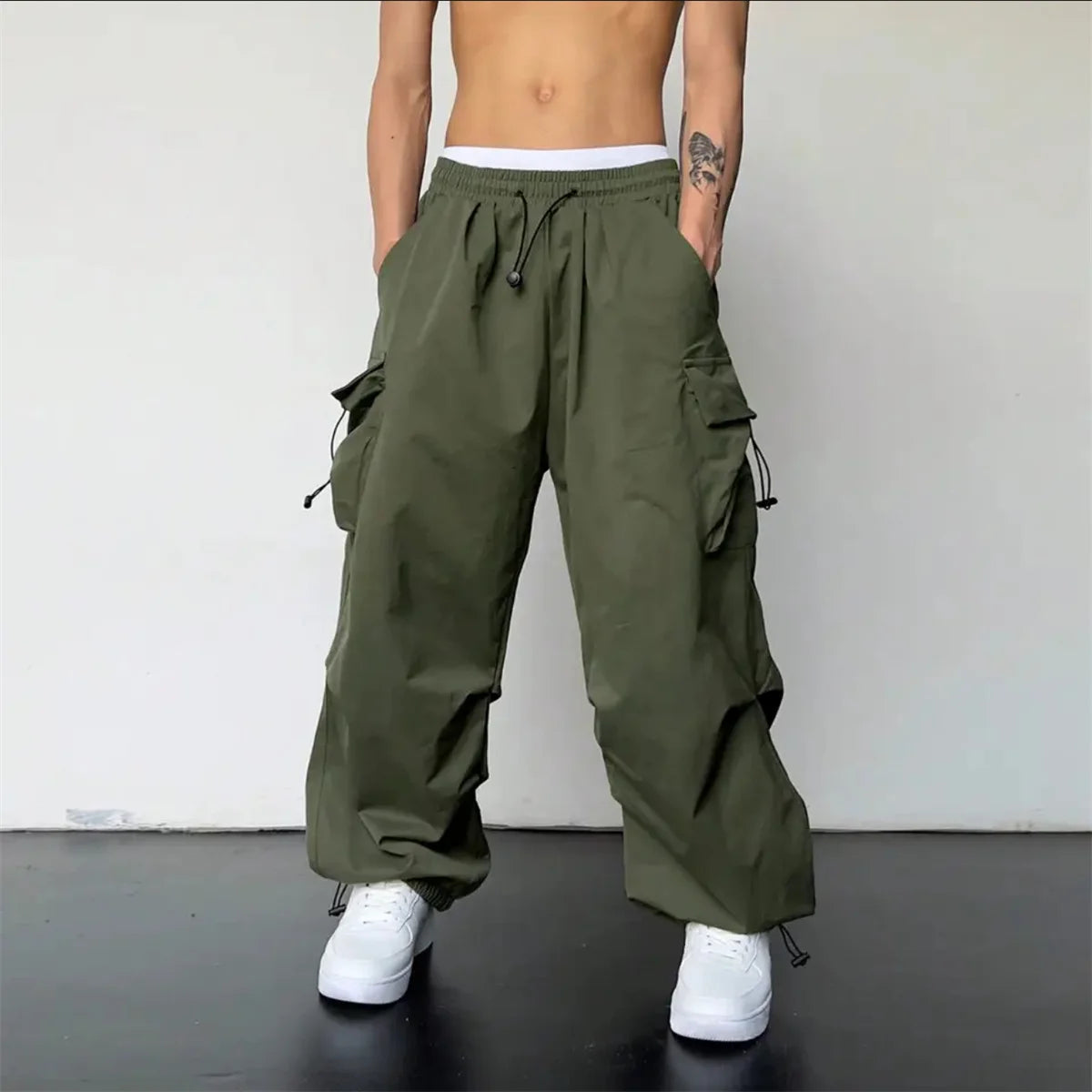 Streetwear 2024 Spring Harem Casual Pants Men Elastic Waist Solid Color Cargo Pants Multi Pocket Loose Baggy Pants For Women