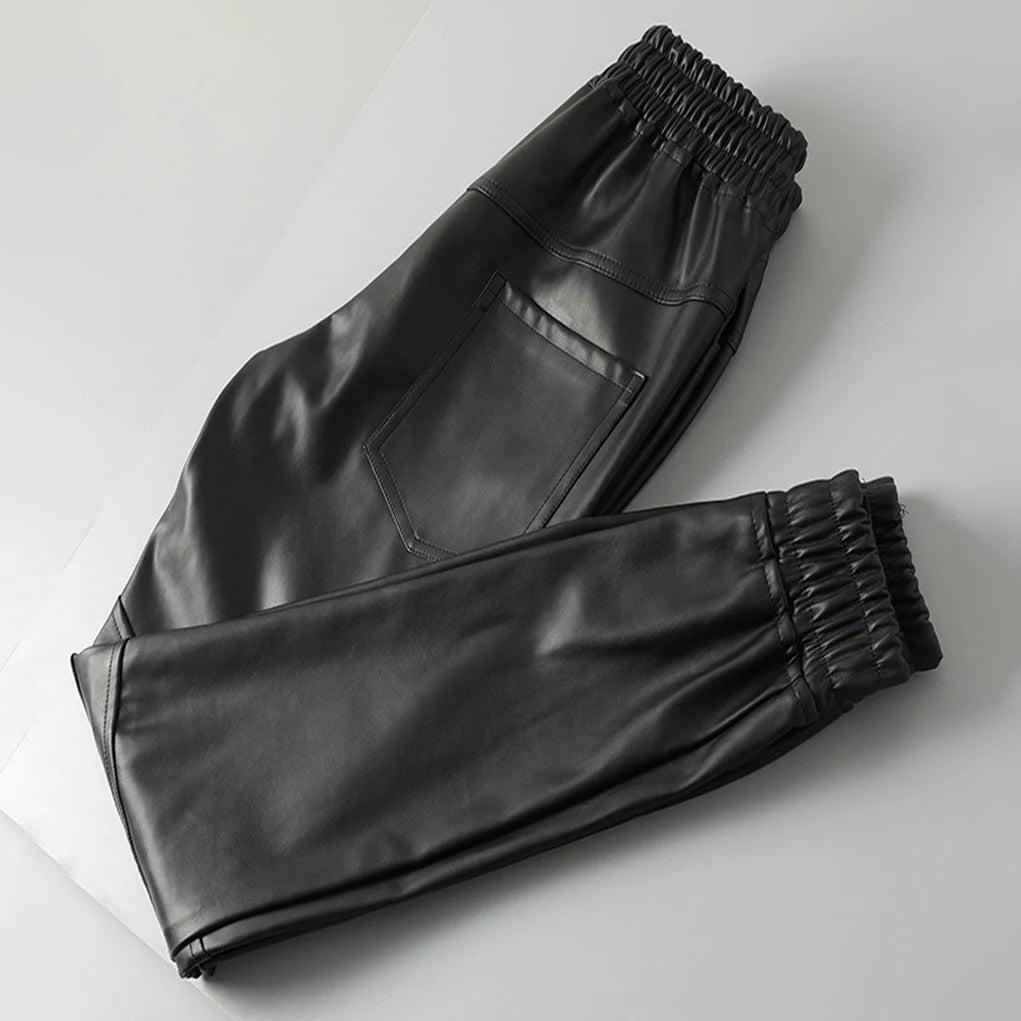 Men's Leather Pants Superior Quality Elastic Waist Jogger Pants PU Leather Trousers Biker's Pants Waterproof