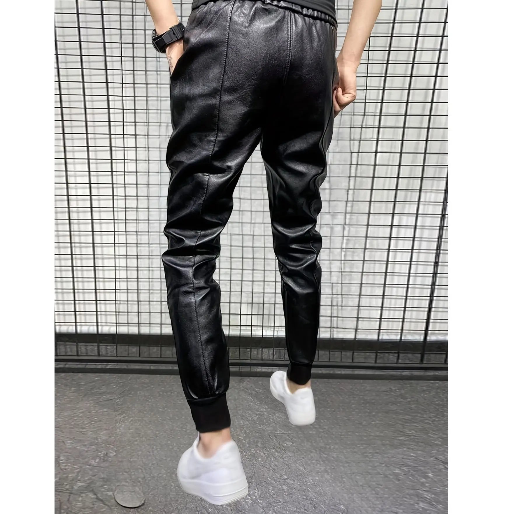 Men's plus size hot fashion black leather pants trend high-end slim fit small leg pants versatile fashionable leather pants
