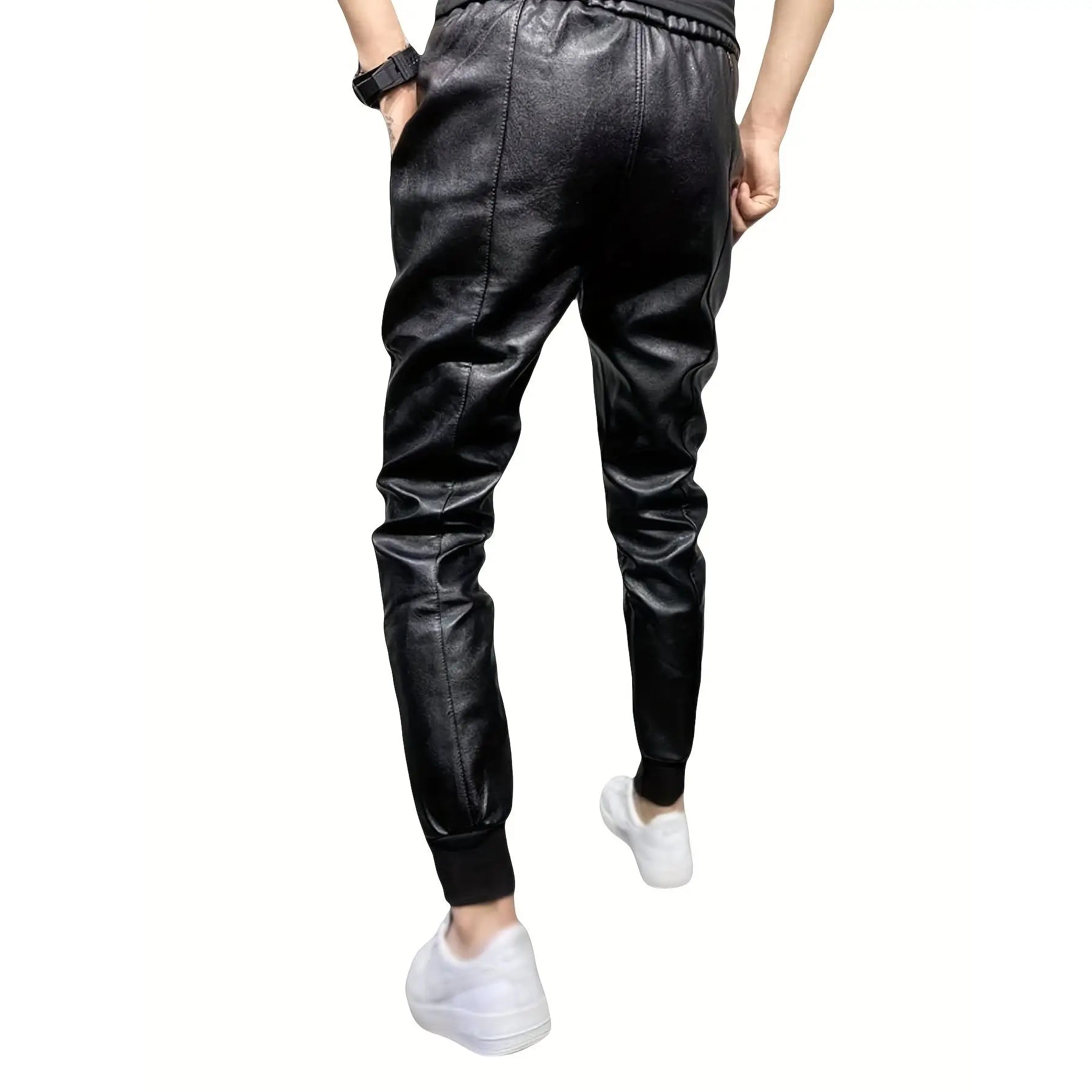 Men's plus size hot fashion black leather pants trend high-end slim fit small leg pants versatile fashionable leather pants