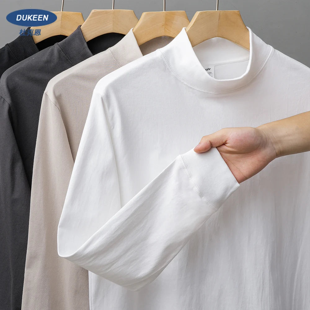 Dukeen 270G Heavyweight Half-Turtleneck Long-Sleeve T Shirts for Men Autumn 100% Cotton Solid Color Undershirt Men's Clothing