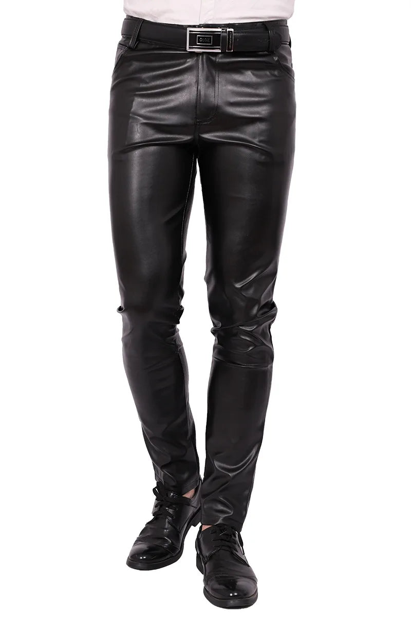 2023 Men's Slim Fit Skinny Pants Tight Stretch Leather Pants Teen Trend Motorcycle PU Leather Pants