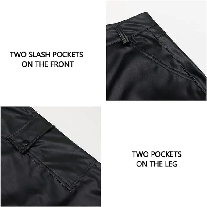 Arjen Kroos Men's Leather Pants Casual Straight Leg Motorcycle PU Leather Pant Multi Pockets