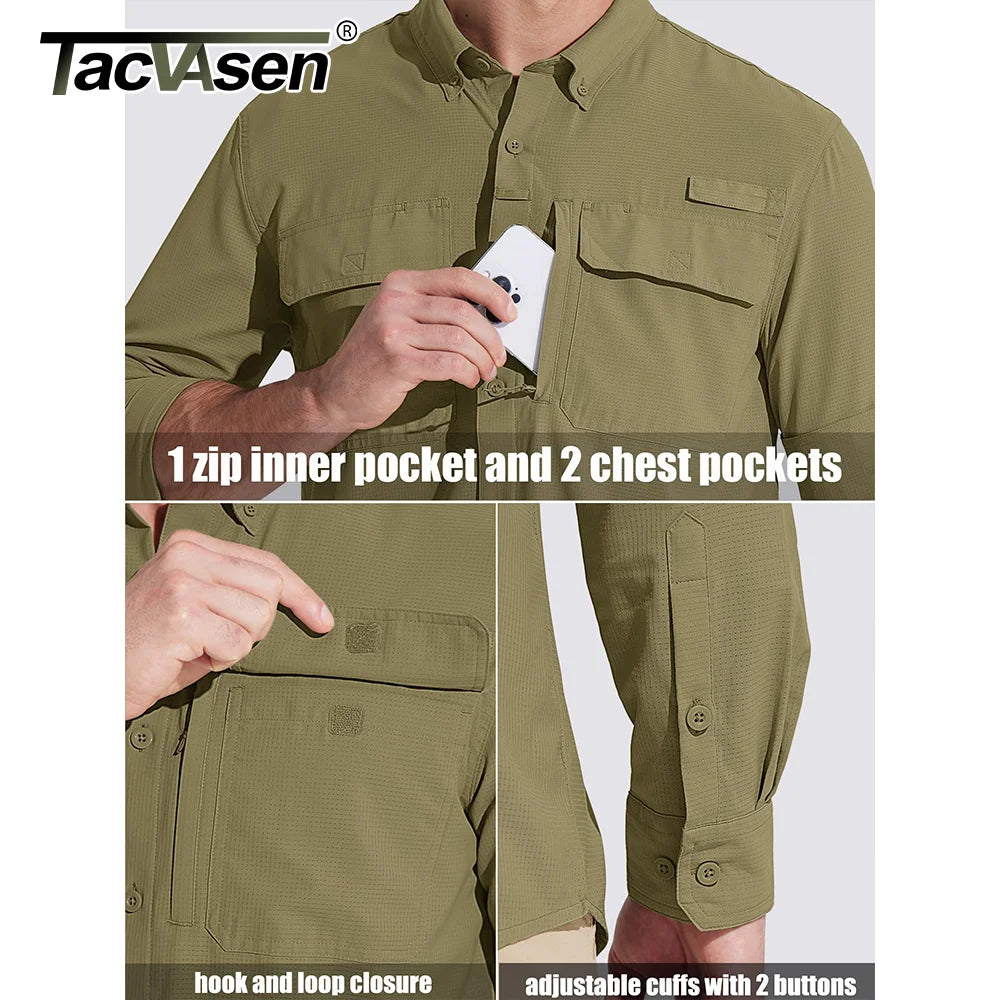 TACVASEN Quick Dry Fishing Shirts Men's UPF 50+ Sun Protection Long+short Sleeve Shirts Mesh Breathable Hiking Work Cargo Shirts