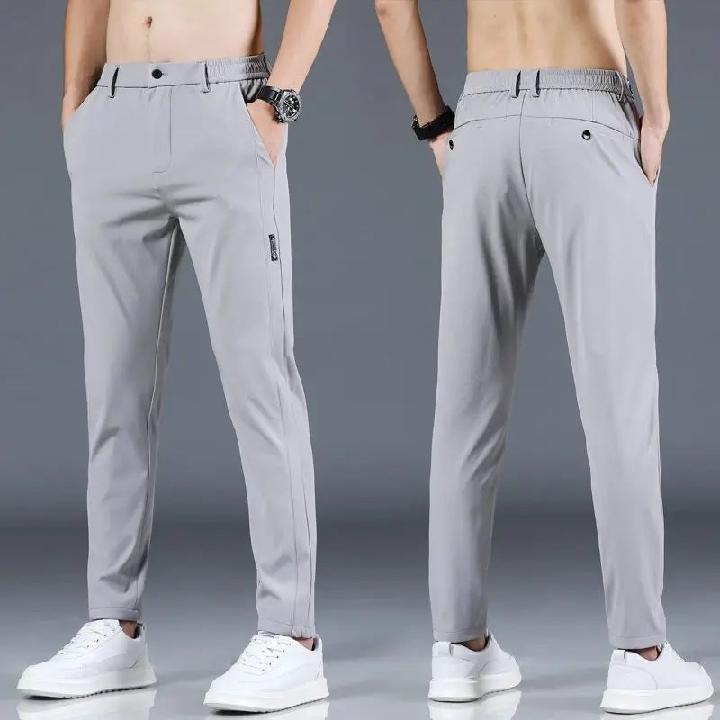 Ice silk men's pants 2025 summer new black gray thin business casual pants outdoor elastic breathable straight leg sports pants