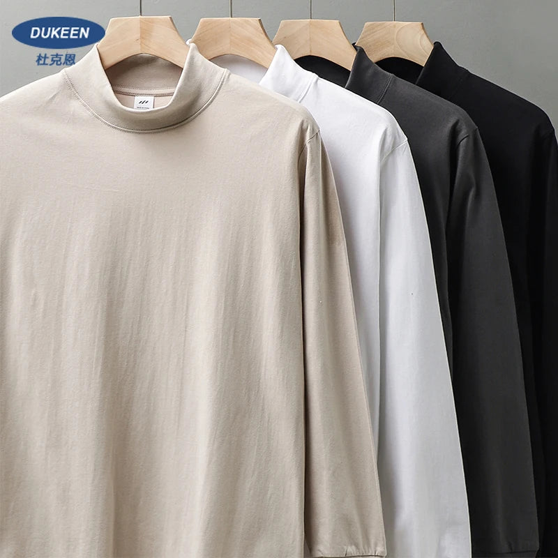 Dukeen 270G Heavyweight Half-Turtleneck Long-Sleeve T Shirts for Men Autumn 100% Cotton Solid Color Undershirt Men's Clothing