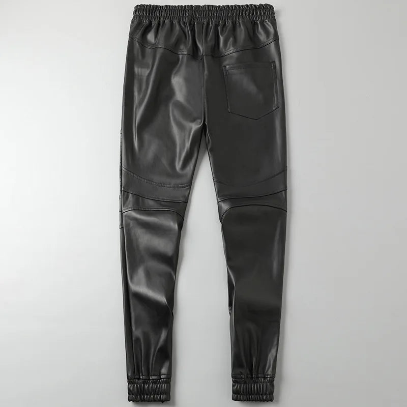 Men's Leather Pants Superior Quality Elastic Waist Jogger Pants PU Leather Trousers Biker's Pants Waterproof