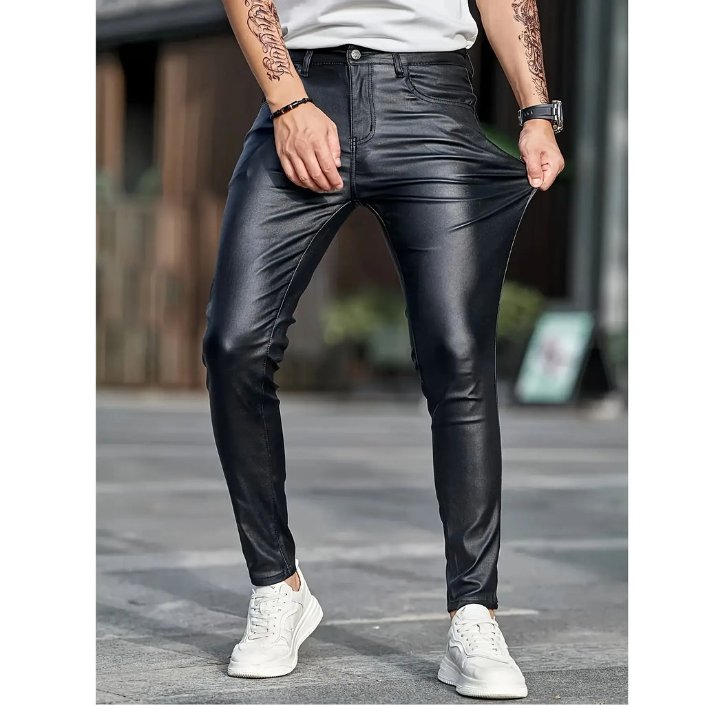 European and American men's plus size hot fashion black leather pants trend high-end slim fit small leg pants versatile pants