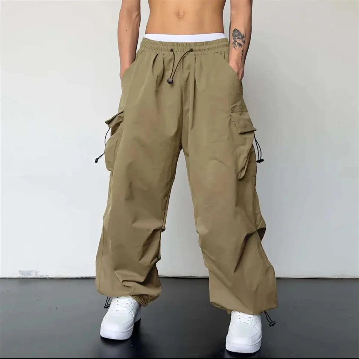 Streetwear 2024 Spring Harem Casual Pants Men Elastic Waist Solid Color Cargo Pants Multi Pocket Loose Baggy Pants For Women