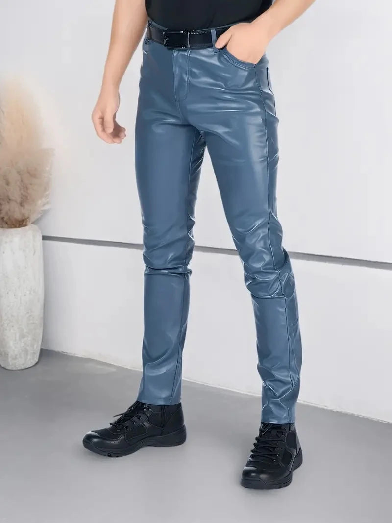 Men's Leather Pants Skinny Fit Elastic Fashion PU Leather Biker's Trousers Nightclub Party & Dance Pants Thin
