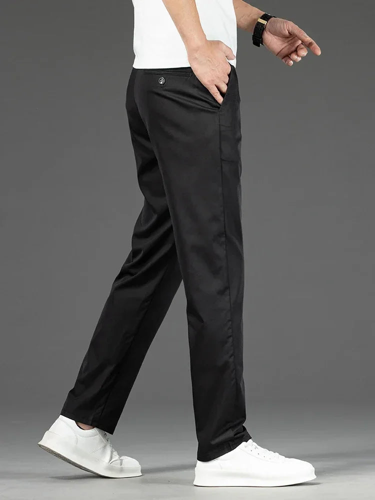 Thin Men Bamboo Summer Pants Casual High Quality Business Classic Fashion Stretch Slim Formal Straight Trousers Black Gray Khaki
