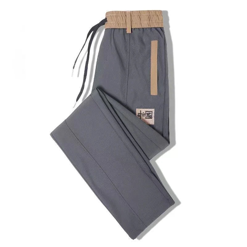 New Chinese Style Casual Mens Pants Summer Ice Silk Mid-Waist Elastic Straight Trousers Confortable Breathable Sports Pants