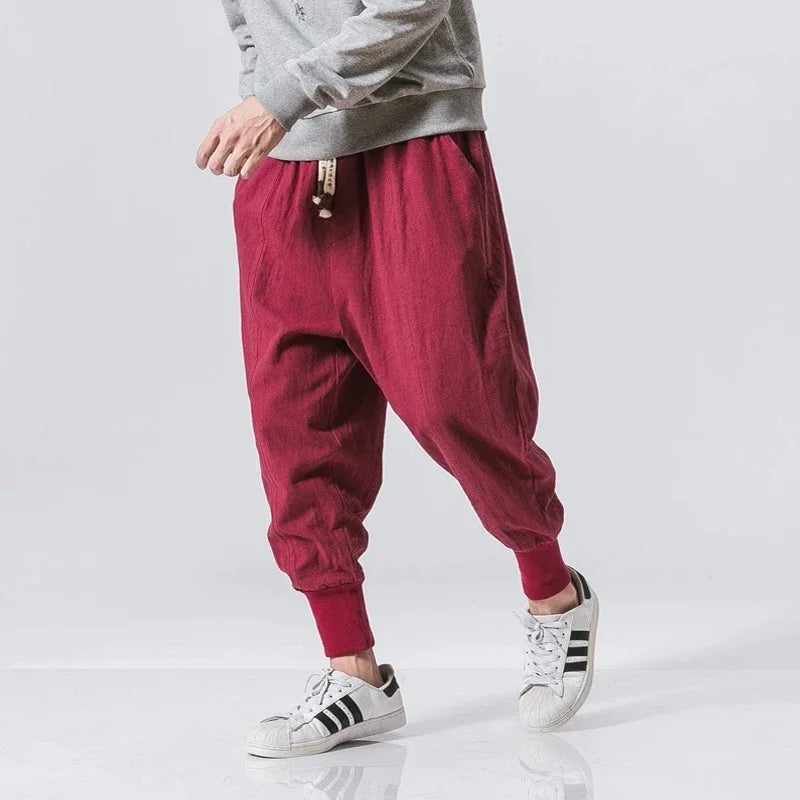 Cotton Linen Harem Pants Men Streetwear Joggers New Baggy Drop-crotch Pants Casual Trousers Men Sweatpants