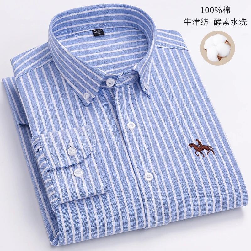 100% Cotton Oxford Shirt For Men's Long Sleeve Solid Casual Business Regular-Fit Formal Dress Shirts Social Blouse Male Clothes