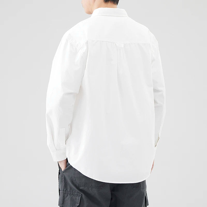 100% Cotton Quality Long Sleeve cargo Shirts Men Spring Autumn Solid Color black white Simple Loose Casual Vintage workwear Tops