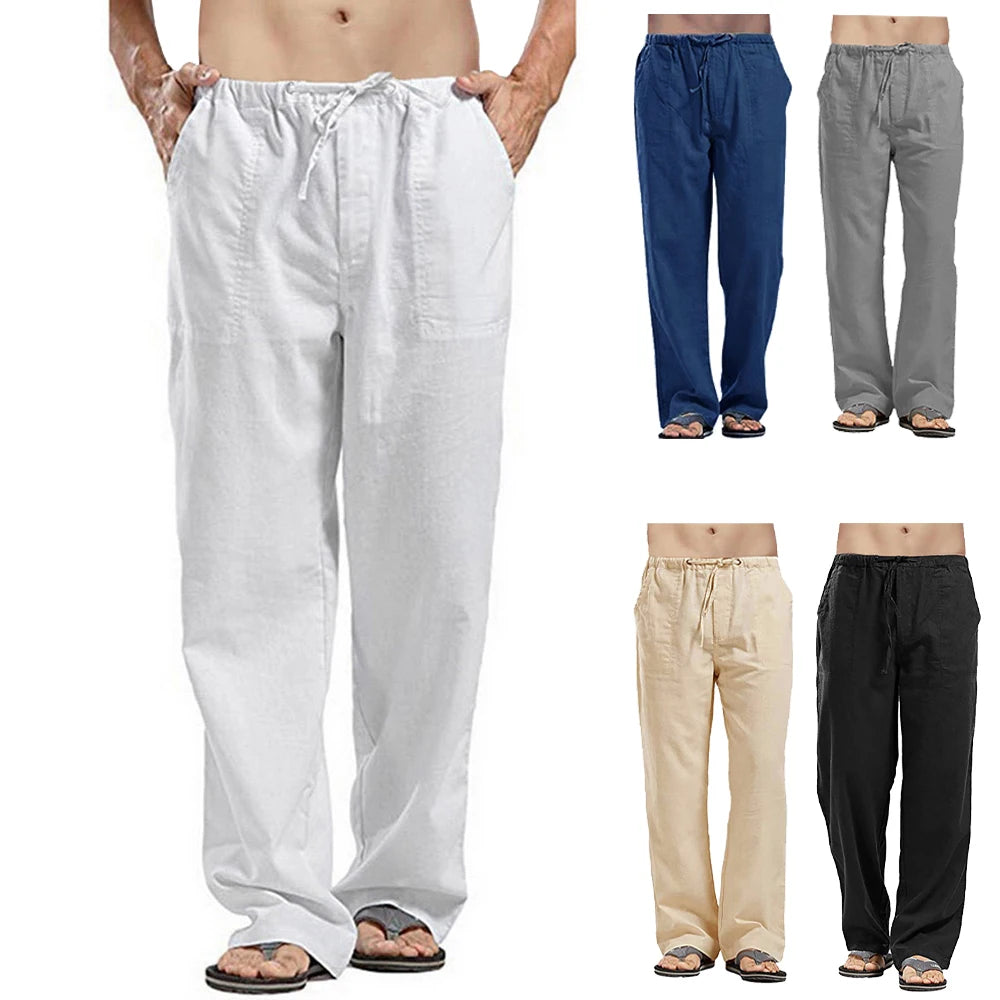 Men's Summer Loose Long Pants Elastic Waist Drawstring Leisure Resort Trousers Men Lightweight Breathable Straight Leg Pan