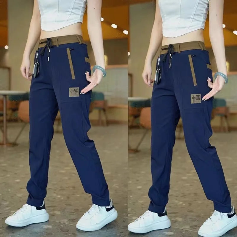 New Chinese Style Casual Mens Pants Summer Ice Silk Mid-Waist Elastic Straight Trousers Confortable Breathable Sports Pants