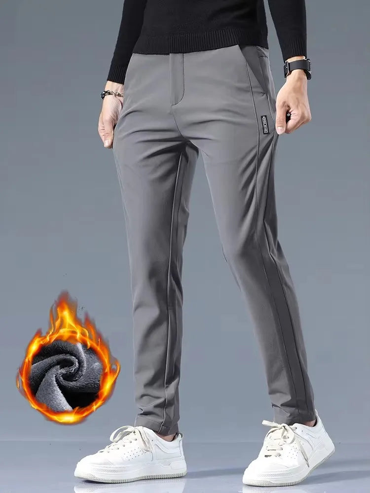 Winter Fleece Golf Casual Pants Men Business Slim Stretch Jogger Thick Trousers Korean Classic Elastic Waist Velvet Male Pants