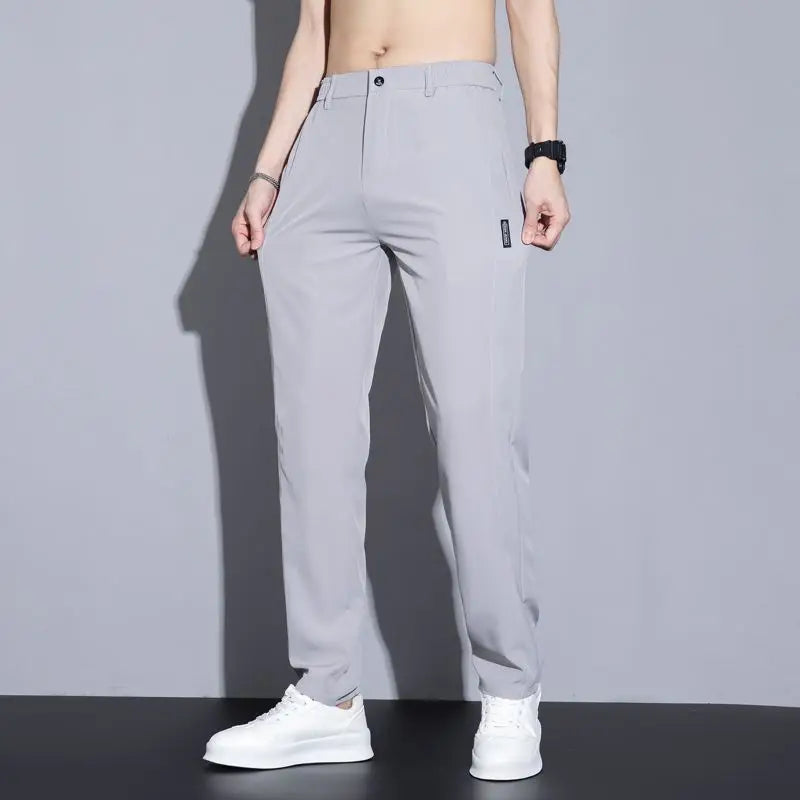 Ice silk men's pants 2025 summer new black gray thin business casual pants outdoor elastic breathable straight leg sports pants