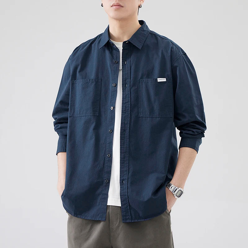 100% Cotton Quality Long Sleeve cargo Shirts Men Spring Autumn Solid Color black white Simple Loose Casual Vintage workwear Tops