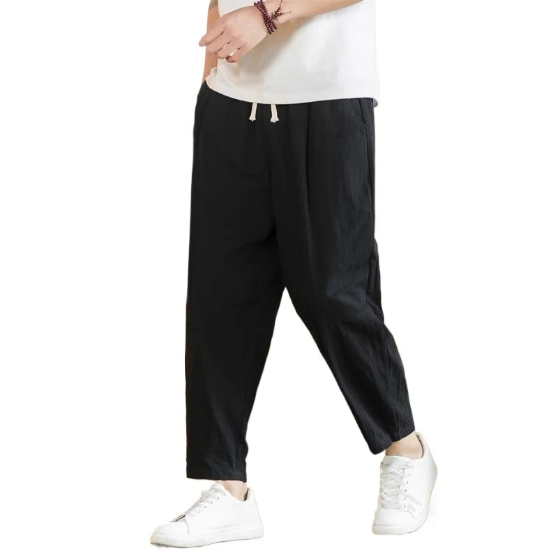 New Men's Linen Lightweight  Sweatpants Cotton Solid Color Breathable Joggers Men Baggy Pants Streetwear Long Trousers Men