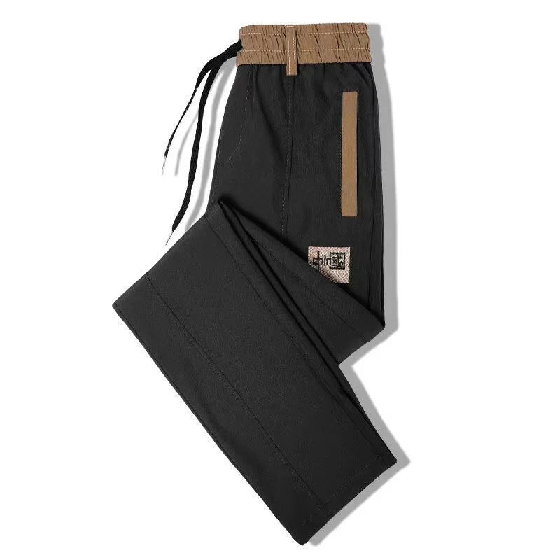New Chinese Style Casual Mens Pants Summer Ice Silk Mid-Waist Elastic Straight Trousers Confortable Breathable Sports Pants