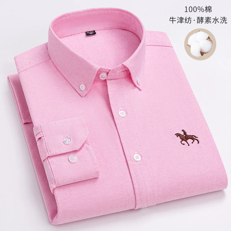 100% Cotton Oxford Shirt For Men's Long Sleeve Solid Casual Business Regular-Fit Formal Dress Shirts Social Blouse Male Clothes