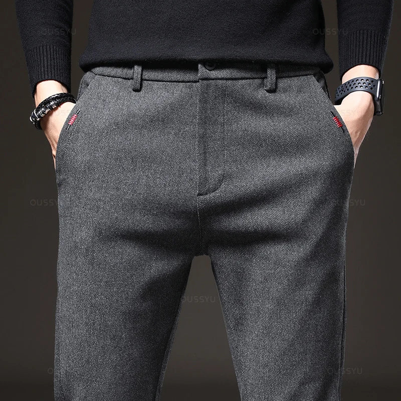 Autumn Men's Casual Pants Business Fashion Elastic Waist Slim Fit Stretch Thick Gray Black Cotton Trousers Male