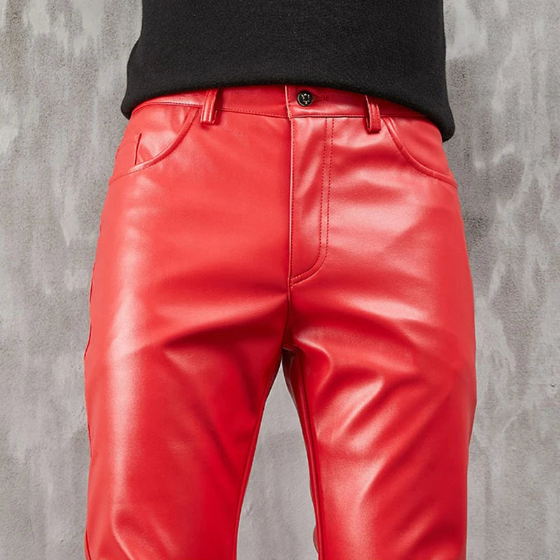 Men's Leather Pants Skinny Fit Stretch Fashion PU Leather Trousers Nightclub Party & Dance Pants Thin