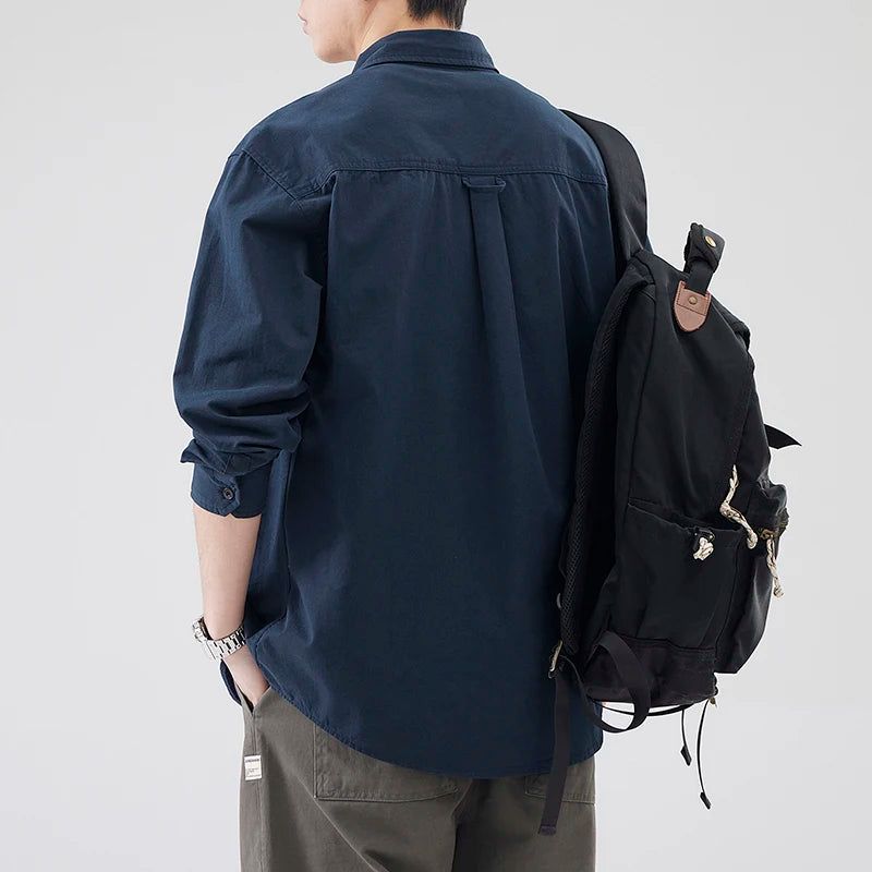 100% Cotton Quality Long Sleeve cargo Shirts Men Spring Autumn Solid Color black white Simple Loose Casual Vintage workwear Tops