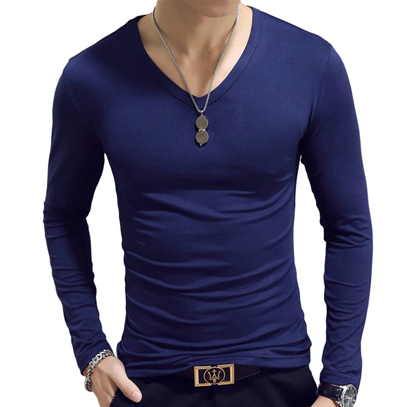 White Solid Color Basic Slim Men T-shirt Spring Autumn Bottoming Shirt Men Round Neck V-neck Casual Tops Long-sleeve Shirts