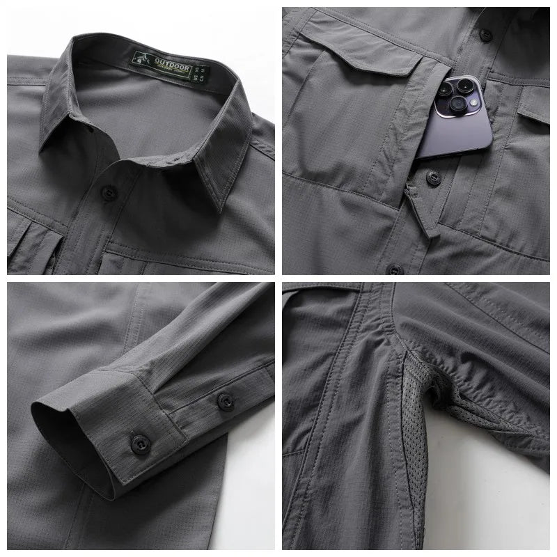 Men Tactical Shirt Men Quick Dry Long Sleeve Cargo Shirts Outdoor Casual Breathable Multi-pocket Hiking Fishing Work Shirt