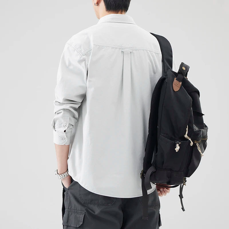 100% Cotton Quality Long Sleeve cargo Shirts Men Spring Autumn Solid Color black white Simple Loose Casual Vintage workwear Tops