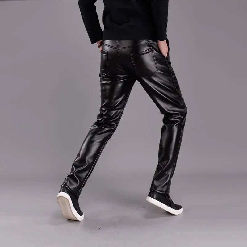 Windproof Slim Leather Pants for Men: Thickened Warm Motorcycle Trousers for Autumn and Winter Black Leather Pants Man