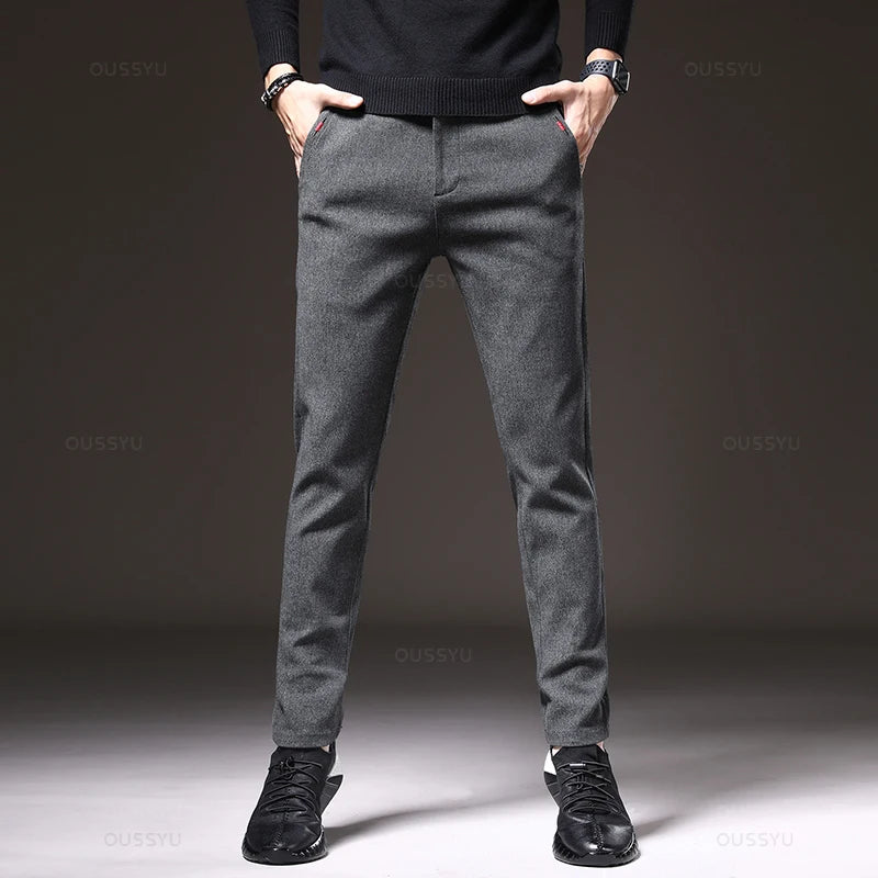 Autumn Men's Casual Pants Business Fashion Elastic Waist Slim Fit Stretch Thick Gray Black Cotton Trousers Male