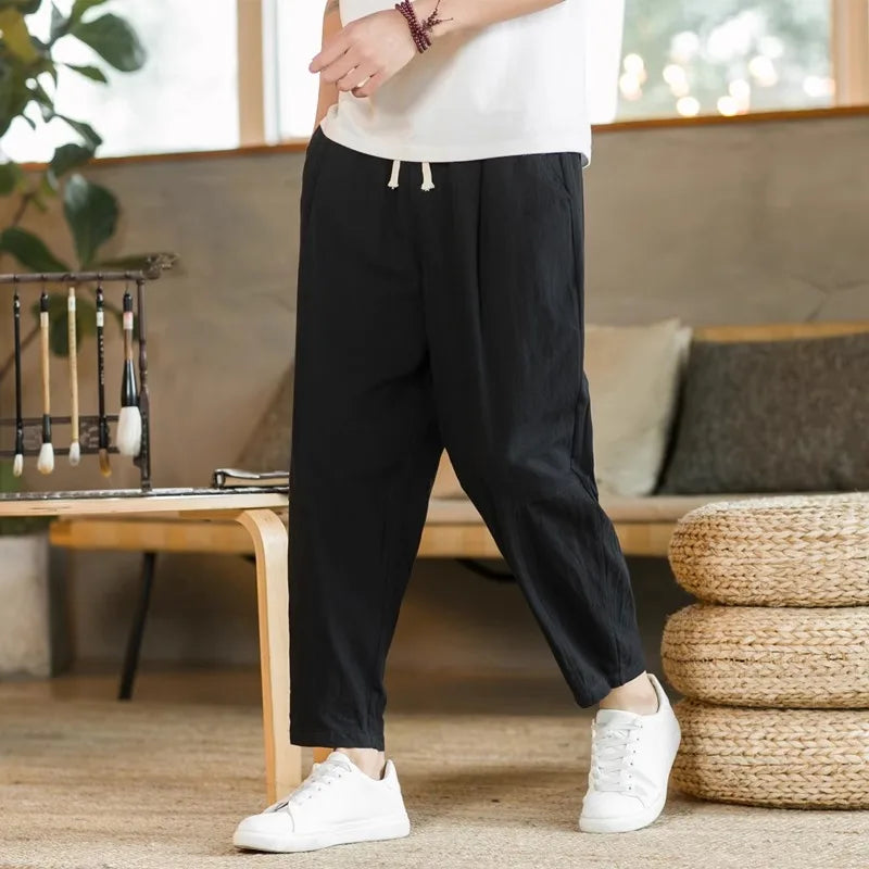 New Men's Linen Lightweight  Sweatpants Cotton Solid Color Breathable Joggers Men Baggy Pants Streetwear Long Trousers Men