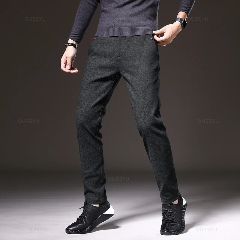 Autumn Men's Casual Pants Business Fashion Elastic Waist Slim Fit Stretch Thick Gray Black Cotton Trousers Male