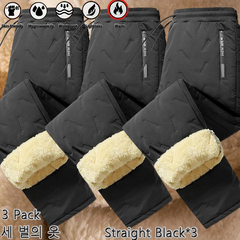 3 Pack Winter Men Plush Thick Fleece Waterproof Pants Windproof Casual Pants Warm Pants Lambswool Thermal Trousers Outerwear