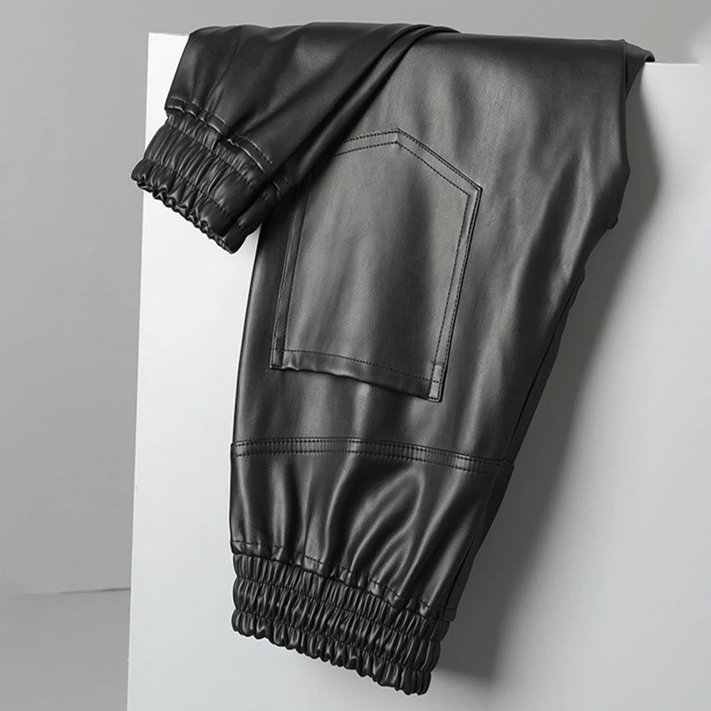 Men's Leather Pants Superior Quality Elastic Waist Jogger Pants PU Leather Trousers Biker's Pants Waterproof