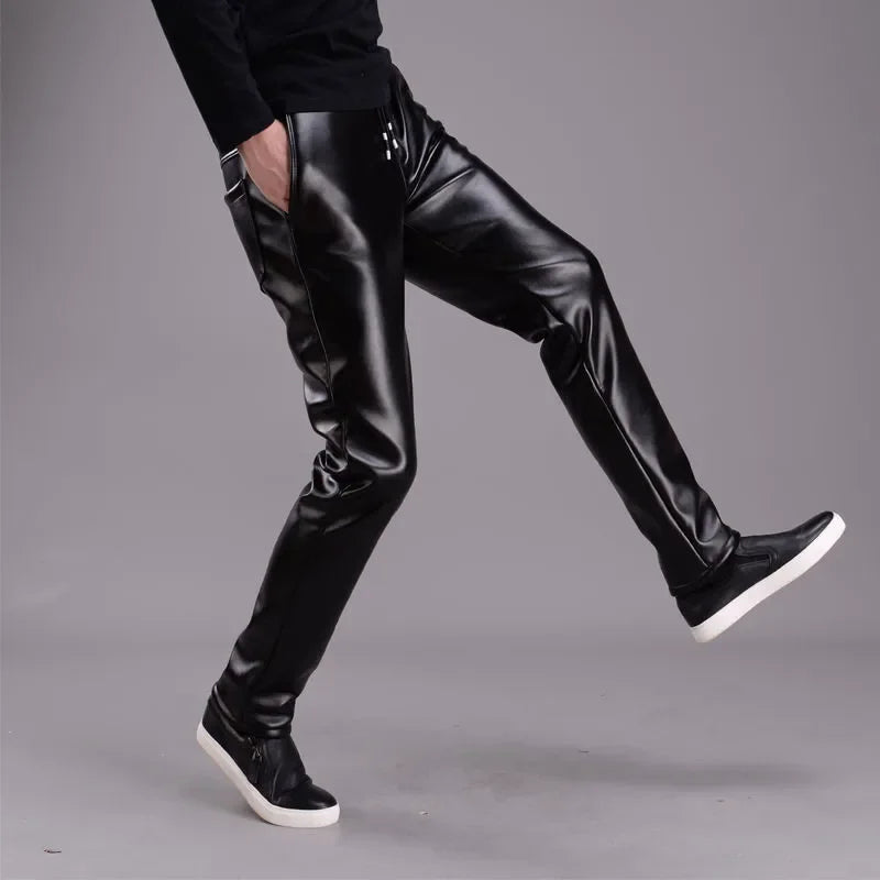 Windproof Slim Leather Pants for Men: Thickened Warm Motorcycle Trousers for Autumn and Winter Black Leather Pants Man