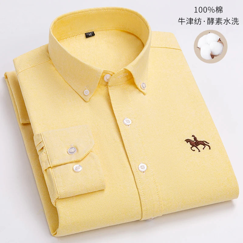 100% Cotton Oxford Shirt For Men's Long Sleeve Solid Casual Business Regular-Fit Formal Dress Shirts Social Blouse Male Clothes