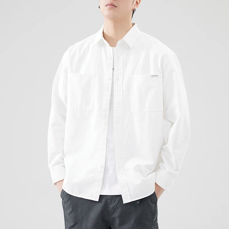 100% Cotton Quality Long Sleeve cargo Shirts Men Spring Autumn Solid Color black white Simple Loose Casual Vintage workwear Tops