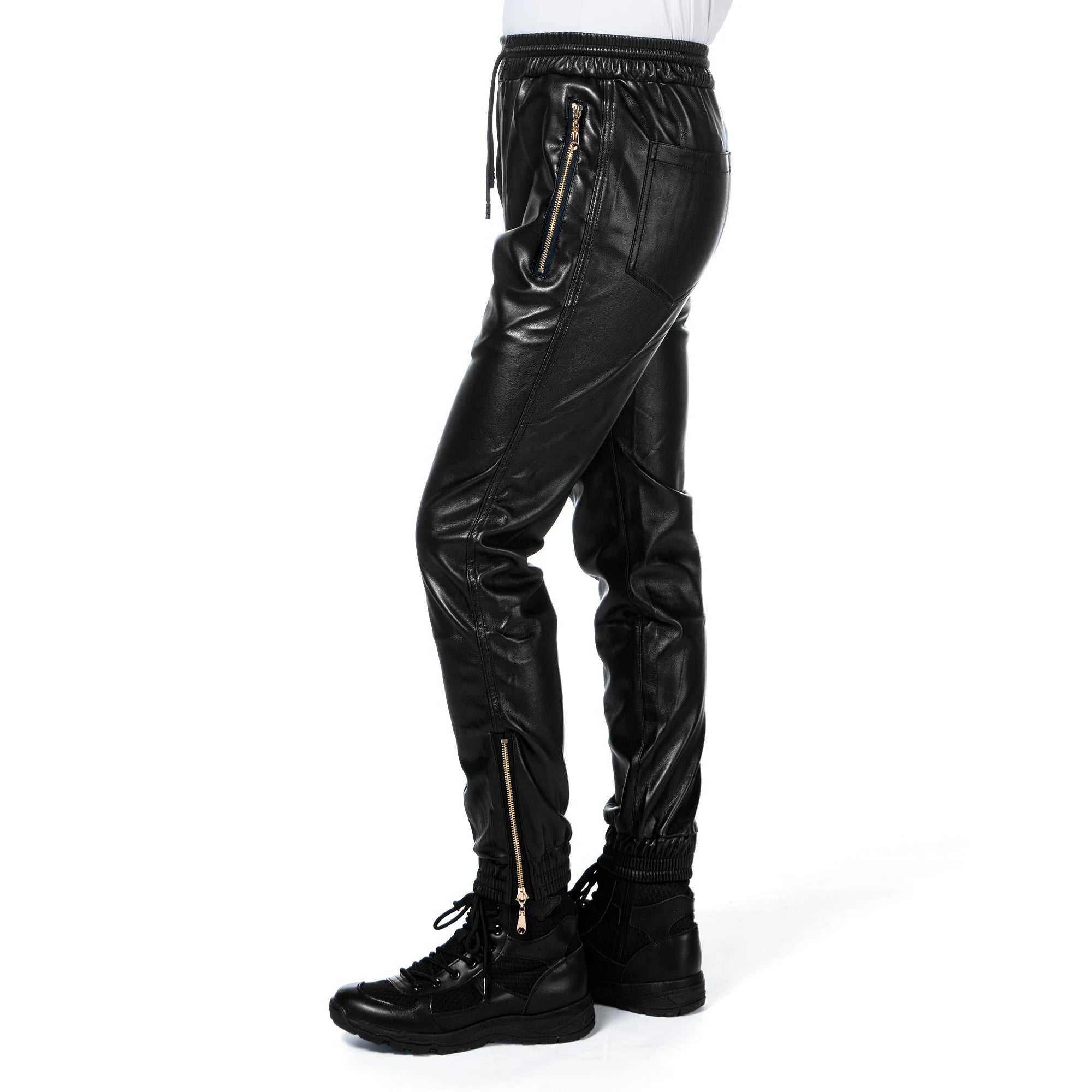 Men's Leather Pants Elastic Waist Jogger Pants PU Leather Motorcycle Trousers Biker's Pants