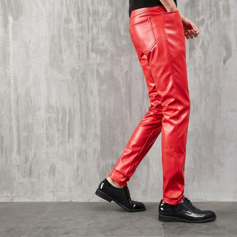 Men's Leather Pants Skinny Fit Stretch Fashion PU Leather Trousers Nightclub Party & Dance Pants Thin